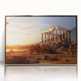 Mid-century modernist art of ancient ruins in muted earth tones, framed in gold acrylic, ideal for modern art wall decor.