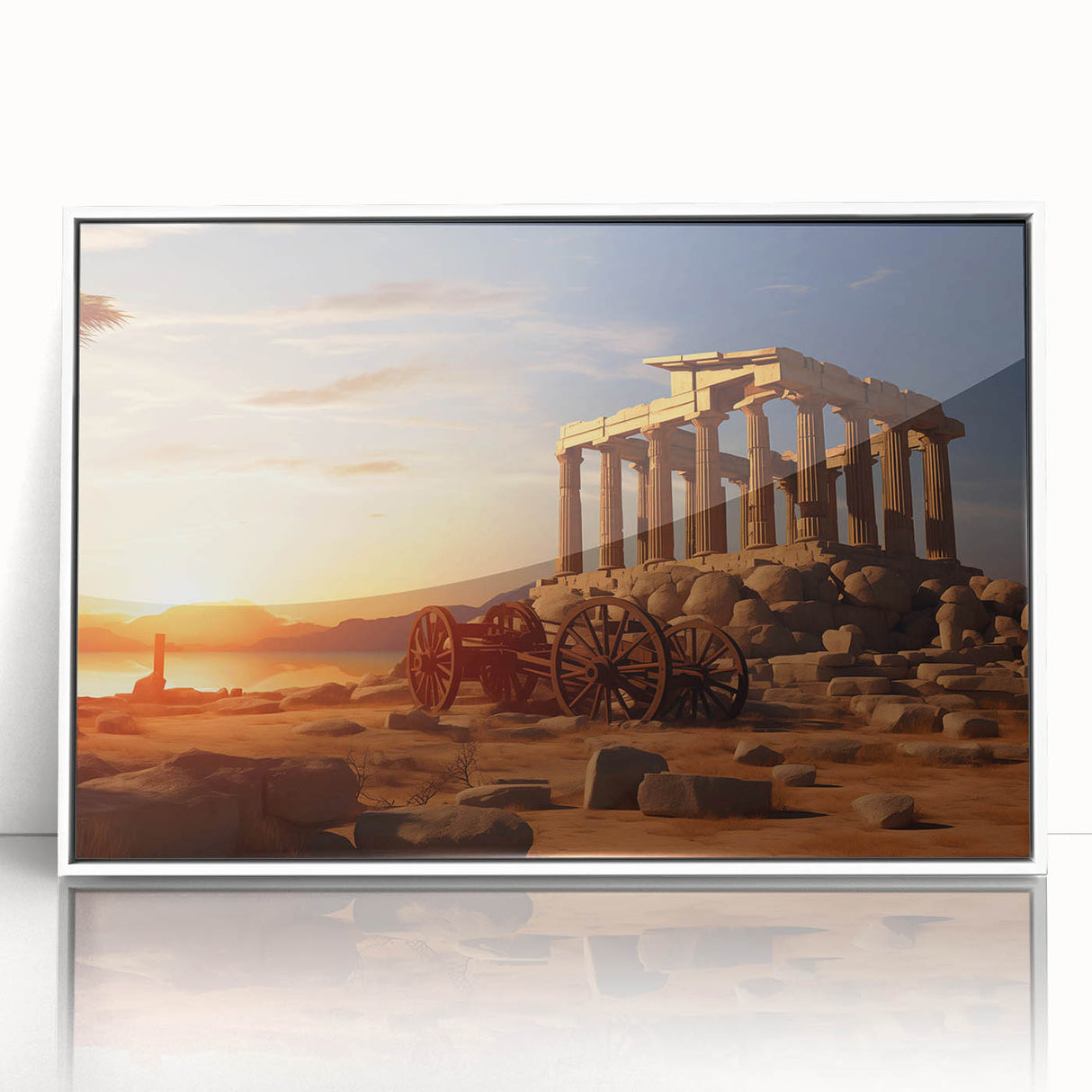 Framed acrylic print of ancient ruins in art deco style, using muted beige and cream tones, ideal for modern art wall decor.