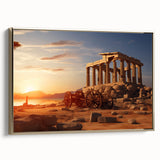 Framed canvas of ancient ruins in monochrome black, vintage poster style, suitable for bedroom wall art.