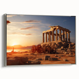 Framed canvas of ancient ruins in a landscape painting with muted earth tones, ideal for living room decor.