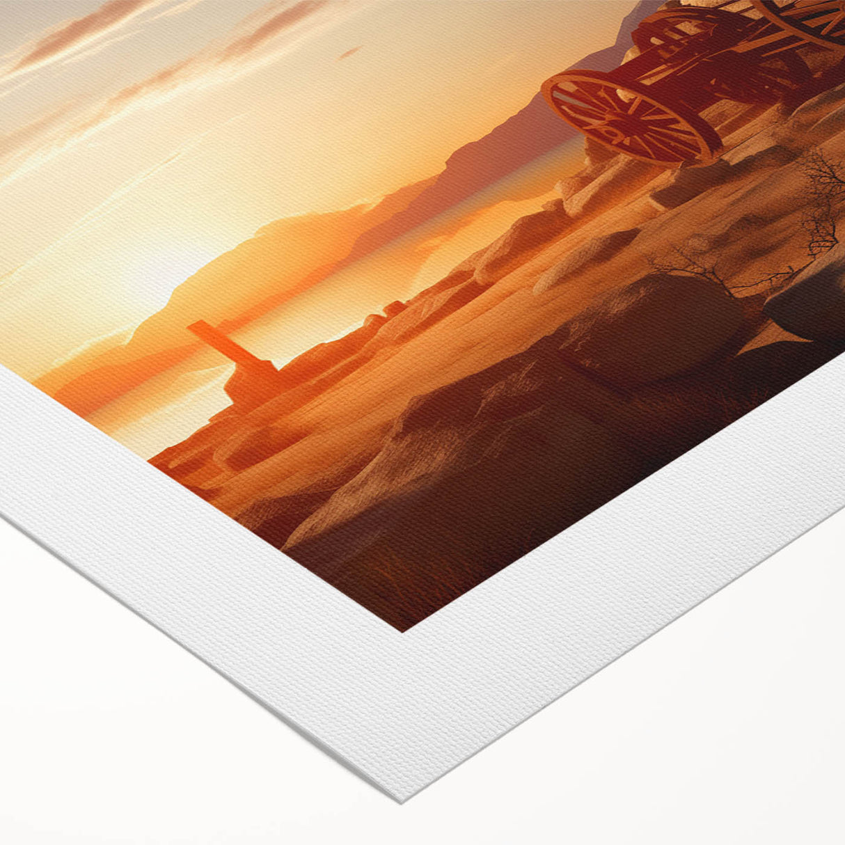 Art deco poster depicting ancient ruins in muted beige and brown tones on rolled canvas.