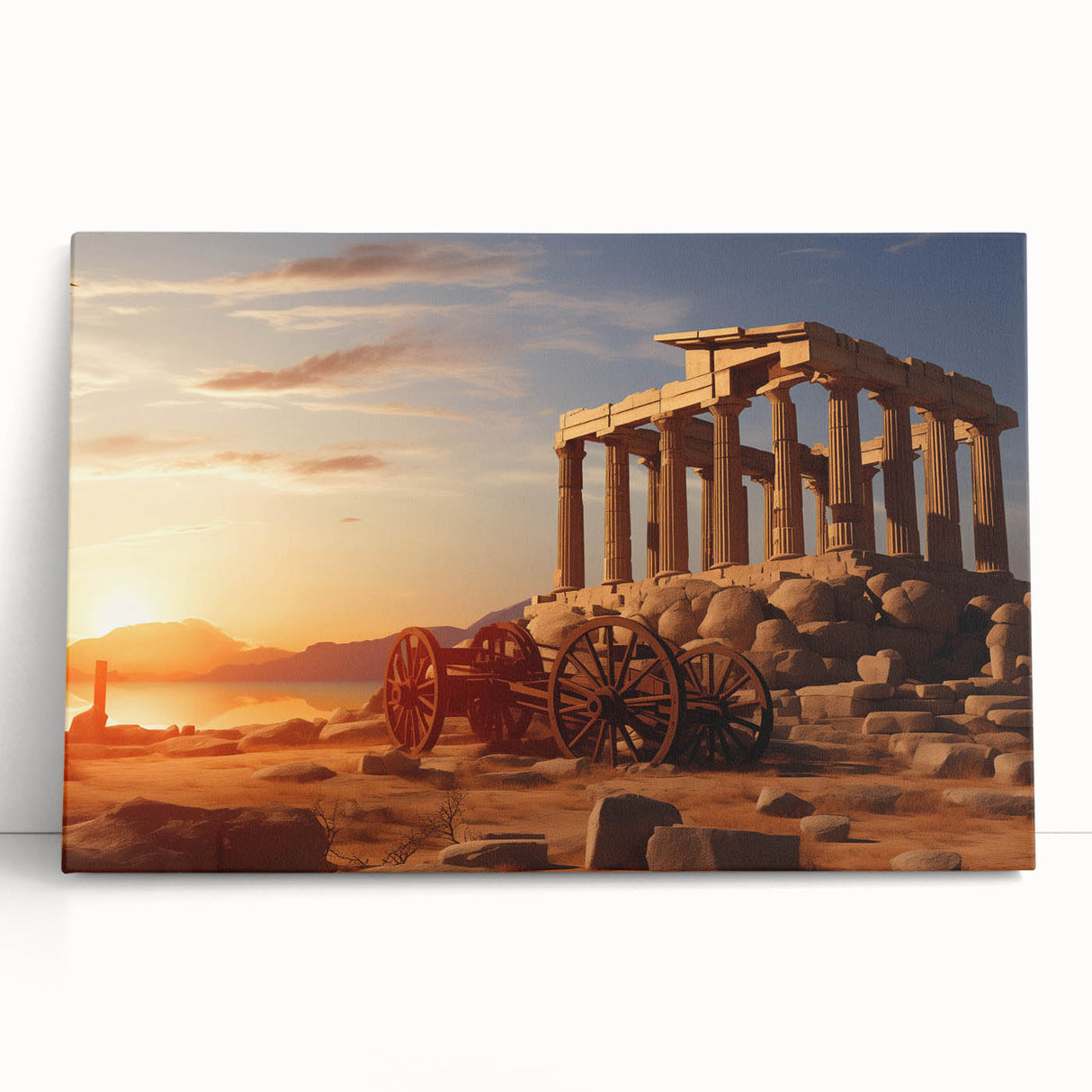 Black and white print of ancient ruins on stretched canvas, suited for kitchen wall art or bedroom ambiance.