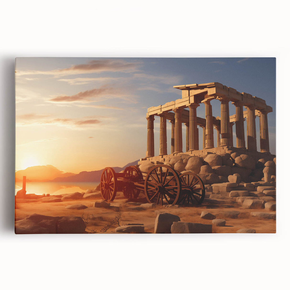 Black and white photographic print of ancient ruins on stretched canvas, ideal for kitchen wall art.