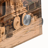 Mid-century modernist large abstract art print of ancient ruins in muted earth tones on acrylic glass.