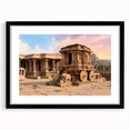 Extra large abstract art print of colorful, textured ancient ruins on a black framed canvas, ideal for living room decor.