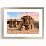 Textured art print of abstract ancient ruins in muted earth tones, silver-framed with mat, ideal for bedroom decor.