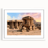 Abstract art print of ancient ruins in muted earth tones on a white framed canvas, ideal for dining room decor.