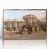 Mid-century modernist art of ancient ruins in muted earth tones, framed in silver acrylic, suitable for nursery wall decor.