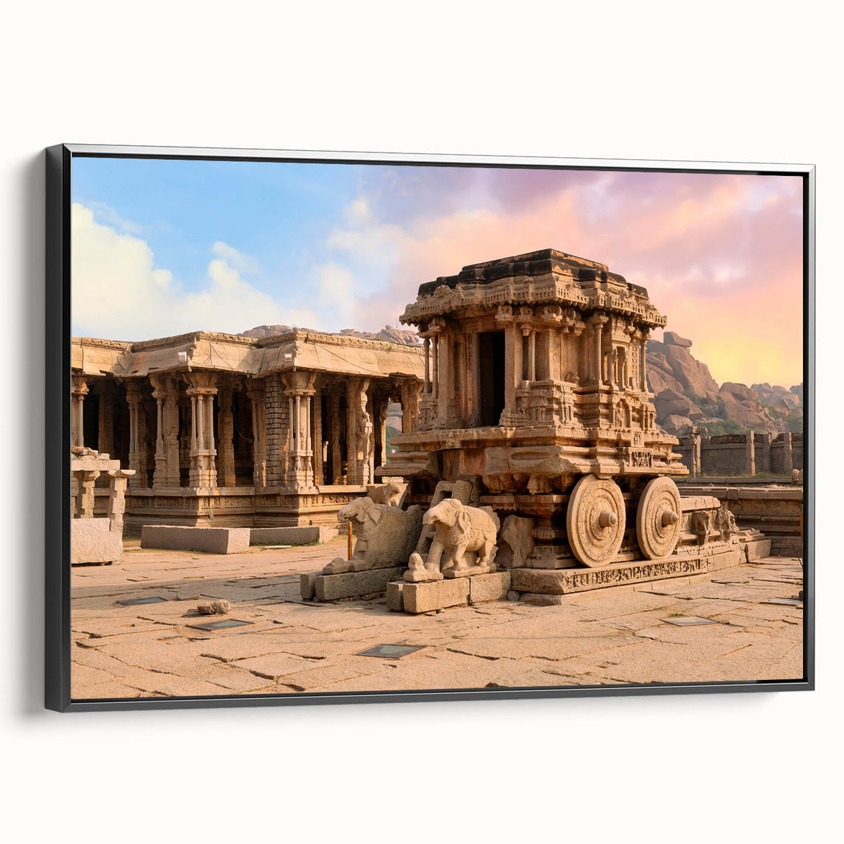 Black and white framed canvas of ancient ruins in a vintage poster style, ideal for bedroom wall decor.