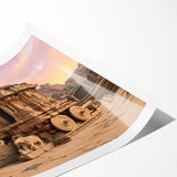 Extra large wall art featuring line art flowers on ancient ruins, in muted earth tones on rolled print.