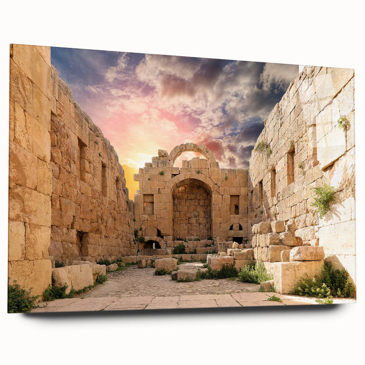 Acrylic print of ancient ruins in muted earth tones, suitable for bedroom or dining room decor.