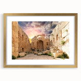 Abstract art print of ancient ruins in muted earth tones on a framed canvas, suitable for dining room decor.