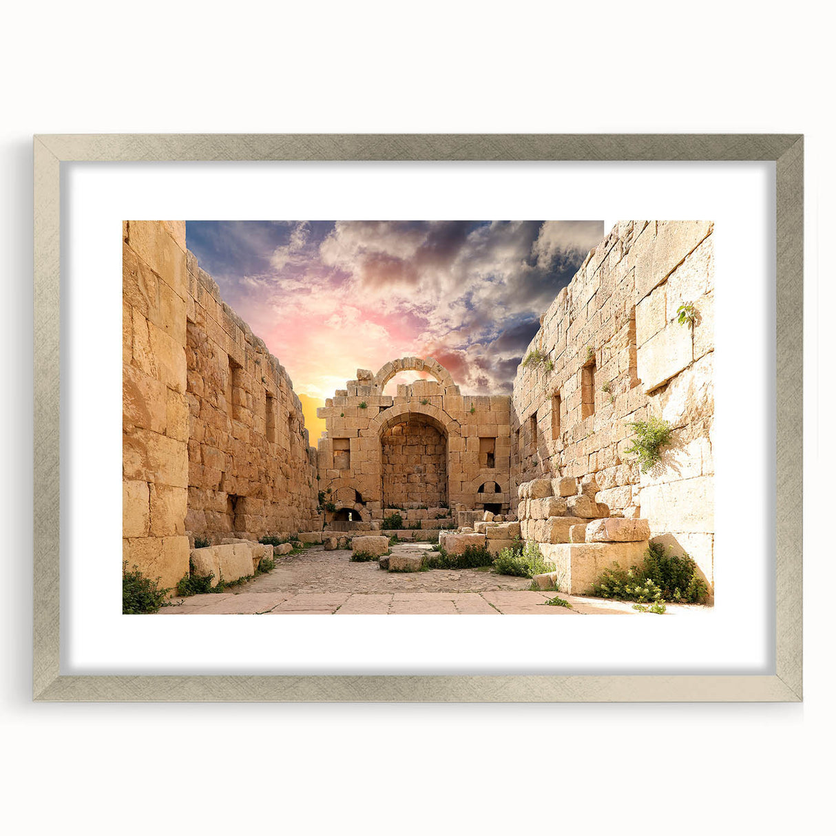 Extra large wall art featuring textured abstract prints of ancient ruins in silver frame, ideal for living room ambiance.
