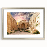 Extra large wall art featuring textured abstract prints of ancient ruins in silver frame, ideal for living room ambiance.