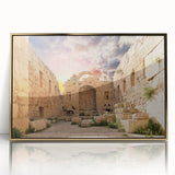 Large art print of ancient ruins in muted earth tones, framed in gold acrylic, ideal for modern art wall décor.