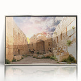 Mid-century modernist art of ancient ruins in muted earth tones, silver-framed acrylic print ideal for nursery wall art.