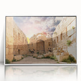Art deco poster of ancient ruins in muted earth tones, framed acrylic, ideal for modern art wall decor in a nursery.