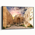 Black and white wall art featuring ancient ruins in a landscape, printed on framed canvas, suitable for bedroom decor.