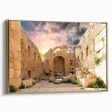 Framed canvas depicting ancient ruins in muted earth tones, ideal for bedroom wall art with a vintage poster style.