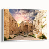 Vintage poster art of ancient ruins in colorful hues on a large framed canvas, suitable for living room decor.
