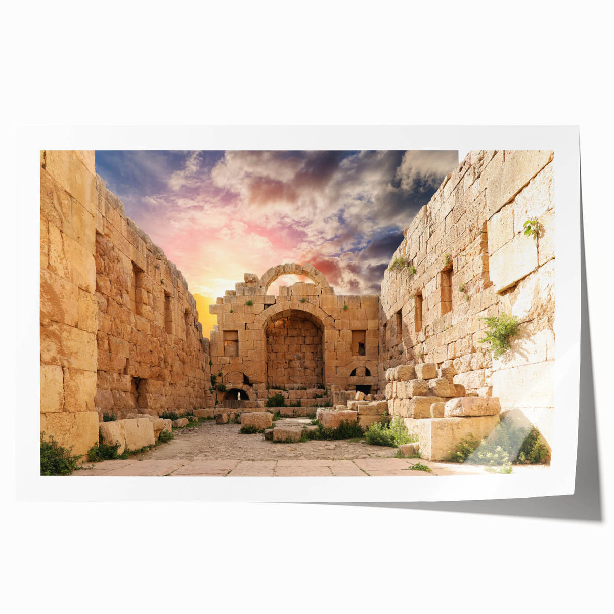Rolled print of ancient ruins in muted earth tones, suitable for art wall dining room or large bathroom decor.