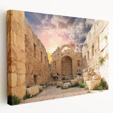 Large stretched canvas featuring a detailed depiction of ancient architectural ruins in earthy tones.