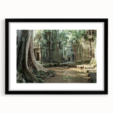 Extra large abstract art print of colorful ancient ruins on textured canvas, framed in black, ideal for living room decor.