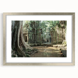 Extra large abstract art print of ancient ruins in textured gray tones, framed in silver, ideal for living room decor.