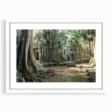 Textured art print of ancient ruins in muted earth tones on a white framed canvas, ideal for bedroom decor.