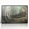 Large abstract wall art of ancient ruins in muted earth tones on a framed acrylic, suitable for modern living room decor.