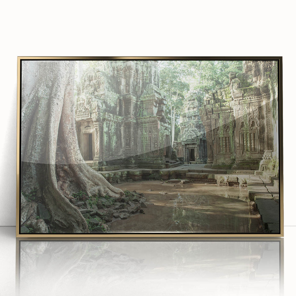 Framed acrylic print of ancient ruins in gold and beige tones, ideal for modern art wall decor.