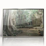 Mid-century modernist art of ancient ruins in muted earth tones on a framed acrylic, ideal for modern art wall decor.