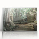 Art Deco poster of ancient ruins in muted beige tones on white framed acrylic, suitable for modern art wall decor.