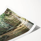 Extra large wall art featuring line art flowers over ancient ruins, in muted earth tones, ideal for large living room decor.