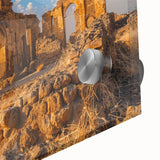 Mid-century modernist large abstract art print of ancient ruins in muted earth tones on acrylic glass.