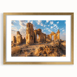 Extra large abstract art print of ancient ruins in textured style, rendered in muted earth tones on a gold-framed canvas.