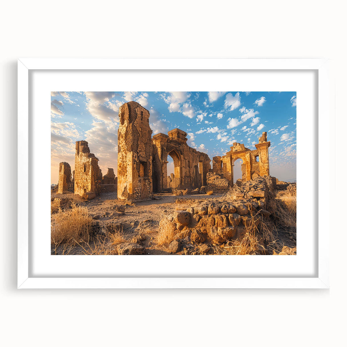Abstract art print of ancient ruins in muted earth tones on a white framed canvas, suitable for dining room decor.