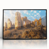 Large abstract wall art of ancient ruins in muted earth tones on a framed acrylic, ideal for modern living room decor.