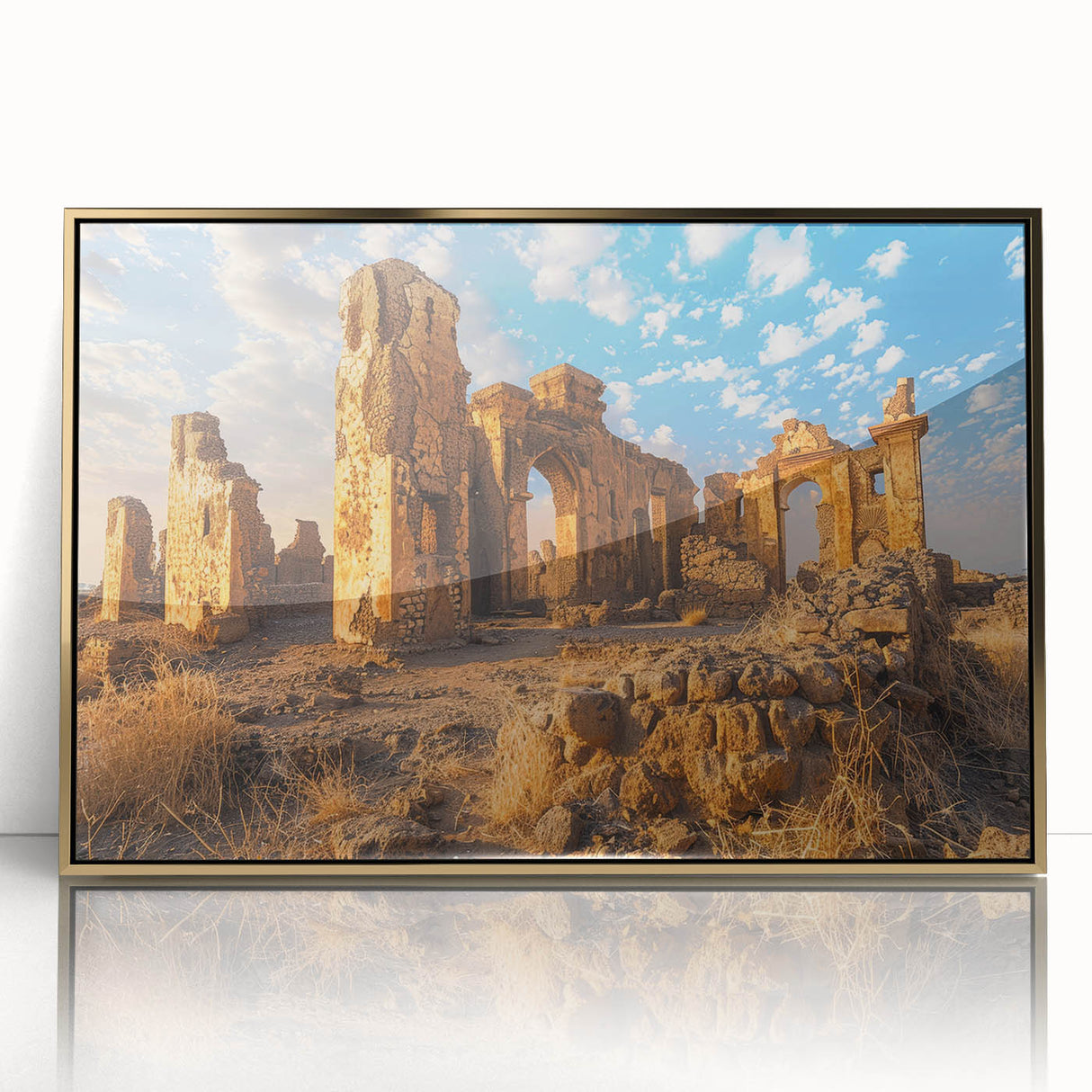 Acrylic print of ancient ruins in gold frame, featuring mid-century modernist style, suited for modern art wall decor.