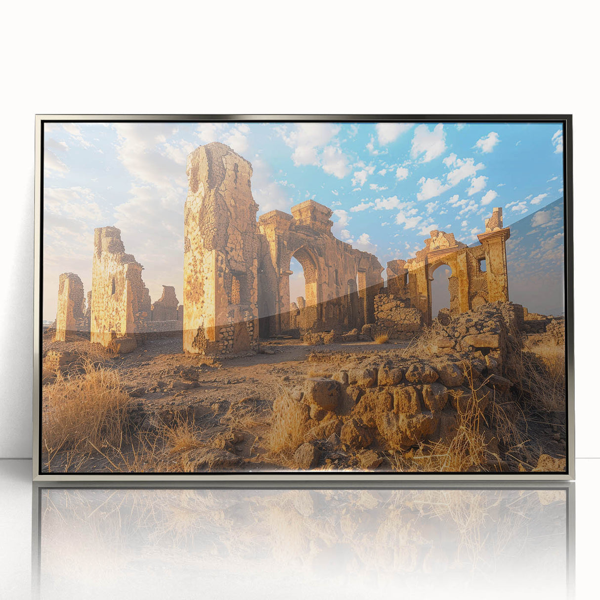 Mid-century modernist art depicting ancient ruins in muted earth tones on a framed acrylic, ideal for nursery wall decor.
