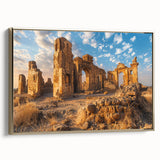 Framed canvas depicting ancient ruins in black and gold, ideal for bedroom wall art with a vintage poster style.