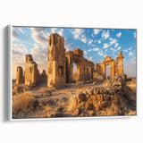 Vintage poster art of ancient ruins in vivid colors on a large framed canvas, ideal for living room decor.