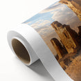 Art deco poster of ancient ruins in muted earth tones on rolled canvas, suitable as nursery wall art or in a dining room.