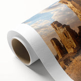 Art deco poster of ancient ruins in muted earth tones on rolled canvas, suitable as nursery wall art or in a dining room.