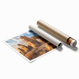 Extra large rolled print of ancient ruins with floral elements in muted earth tones, ideal for classy bathroom wall art.
