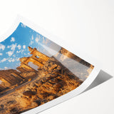 Extra large rolled print featuring line art flowers and ancient ruins in muted earth tones.