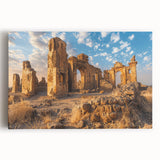 Black and white photo of ancient ruins on stretched canvas, suitable for large kitchen wall art.