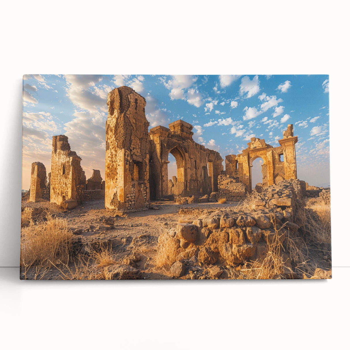 Black and white photo of ancient ruins on stretched canvas, ideal for kitchen wall art or bedroom ambiance.