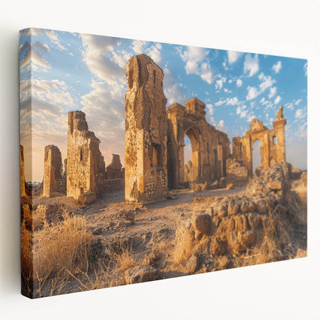 Side view of a stretched canvas depicting ancient ruins in earthy tones, ideal for kitchen wall art.