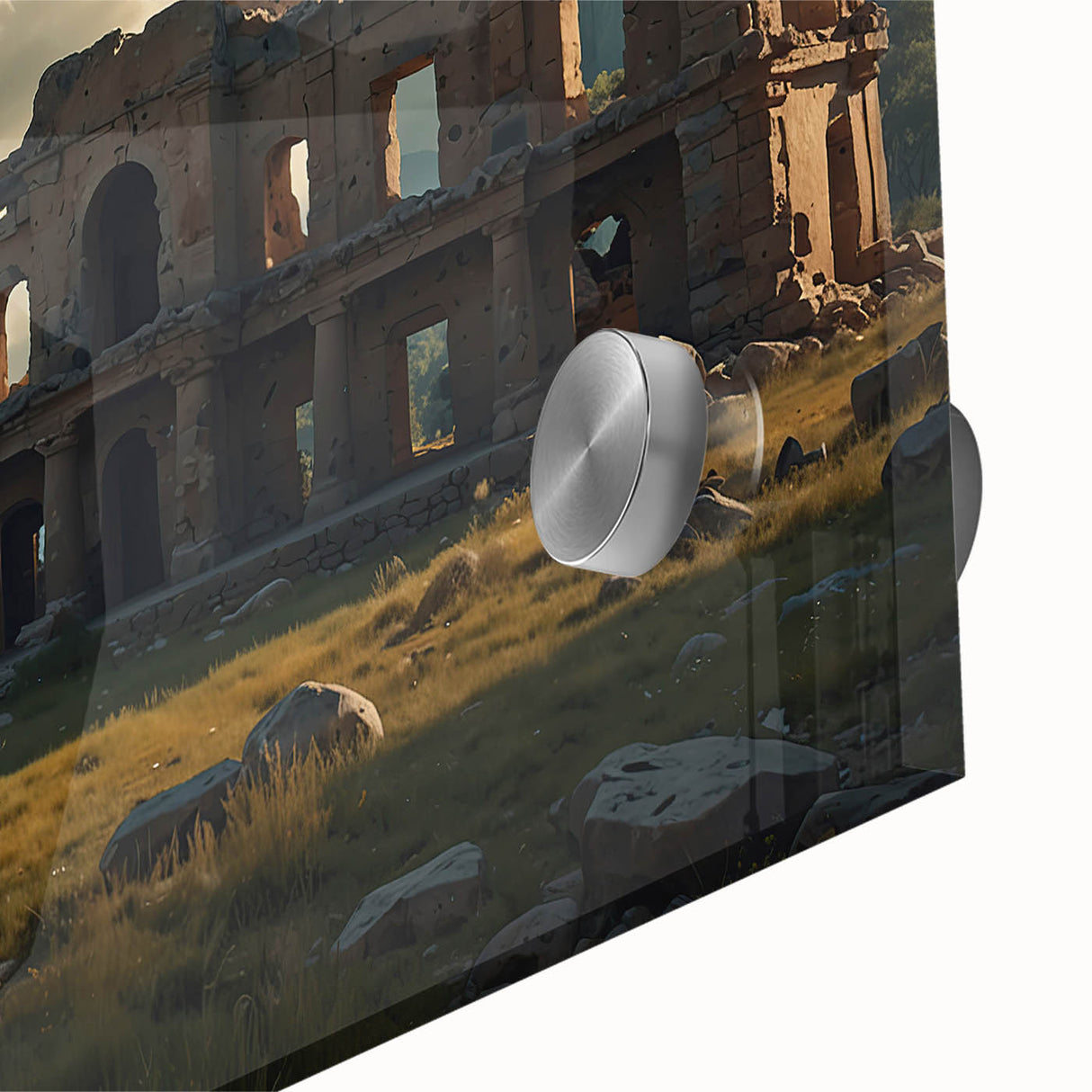 Acrylic print of large abstract wall art depicting ancient ruins in muted earth tones, ideal for dining room art.